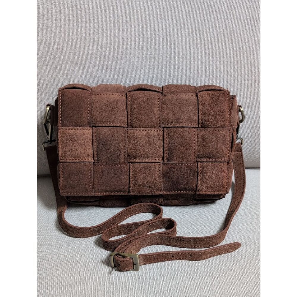 Viola Castellani Bruciato Brown Suede Padded Woven Crossbody Bag Made In Italy